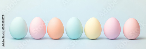 at the bottom of the image are seven eggs with free space on top of image for text, creative geometric pattern on pastel colors eggs
