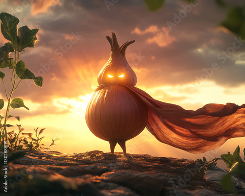 An animated onion character with glowing eyes and a cape stands in a dramatic sunset landscape, symbolizing strength, adventure, and fantasy in a surreal world. photo