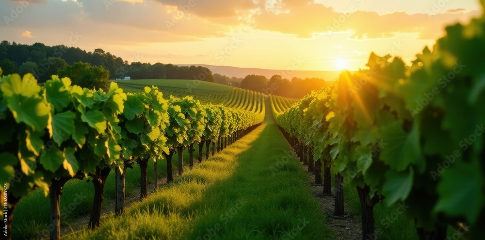 Fototapeta premium Golden hour light bathes vibrant vineyard; emerald grass , rows, lush, bright