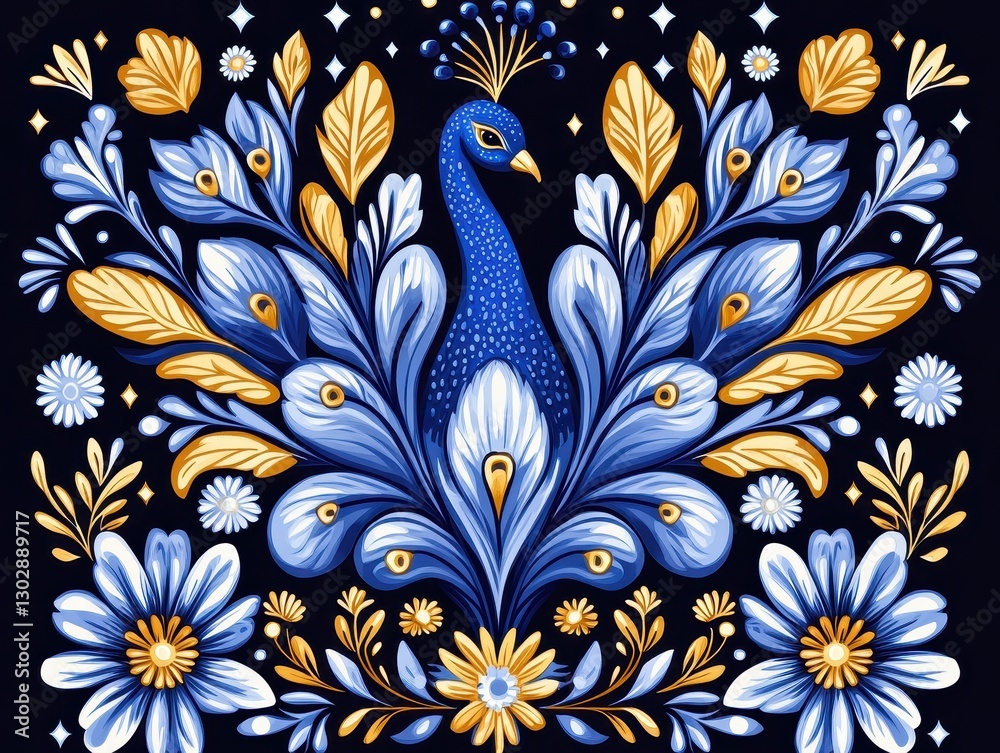 Obraz premium Vibrant peacock surrounded by intricate floral patterns on a dark background