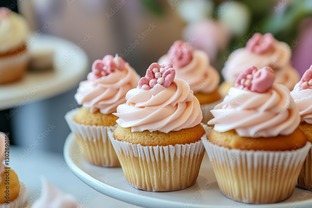 Pink frosted cupcakes with berry decorations on a white plate Pink frosted cupcakes with berry decorations on a white plate