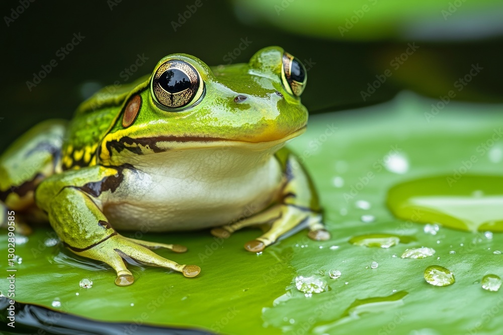Green tree frog sitting on leaf with water droplets in natural habitat Green tree frog sitting on leaf with water droplets in natural habitat
