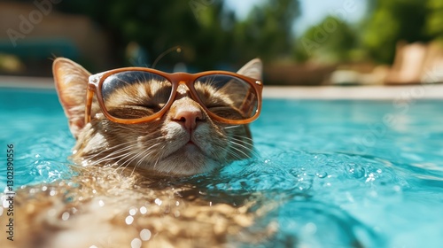 A single cat wearing bright orange sunglasses swims gracefully in a clear blue pool, epitomizing relaxation and the joy of summer days by the water.