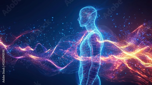 Human Figure Surrounded by Electromagnetic Energy Waves