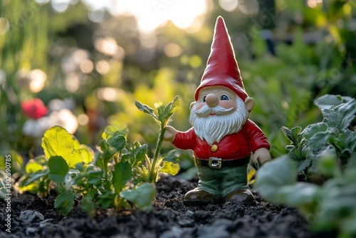 Cheerful garden gnome with red hat amidst lush greenery in sunlit garden