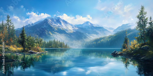 Scenic Painting of a Majestic Mountain with a Tranquil Lake in the Background