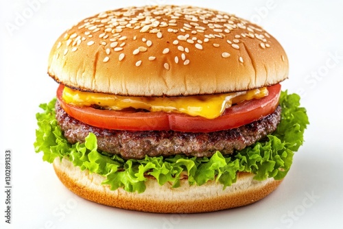 Appetizing cheeseburger with lettuce, tomato, and cheese on a sesame seed bun. Generated AI photo