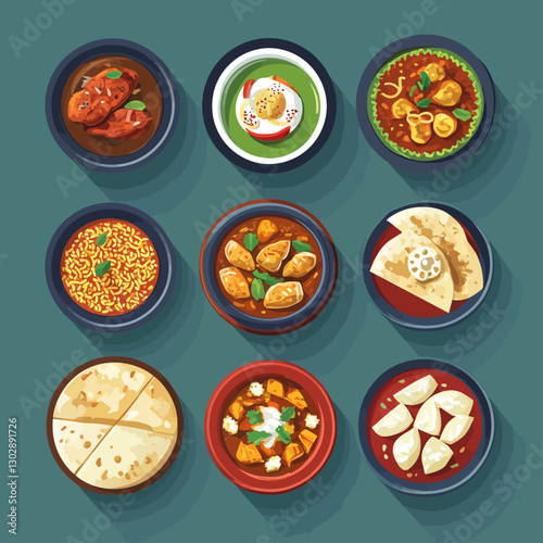 Diverse curries, flatbreads and rice dishes arranged in a grid style.
