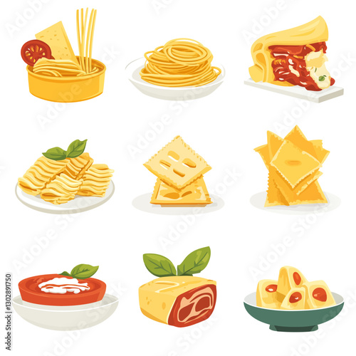 Italian Pasta Variety Illustration: Spaghetti, Ravioli, Tortellini, Lasagna