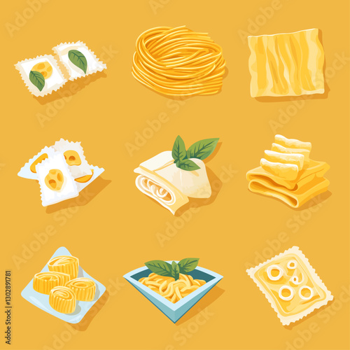 Assorted handmade pasta types featuring ravioli, tagliatelle on gold