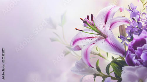 Banner for YouTube channel, on a light background delicate flowers, lilies, peonies, violets, on the right is the inscription all about flowers