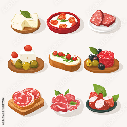 Gourmet tapas food arrangement on light surface of cheese, meat and bread