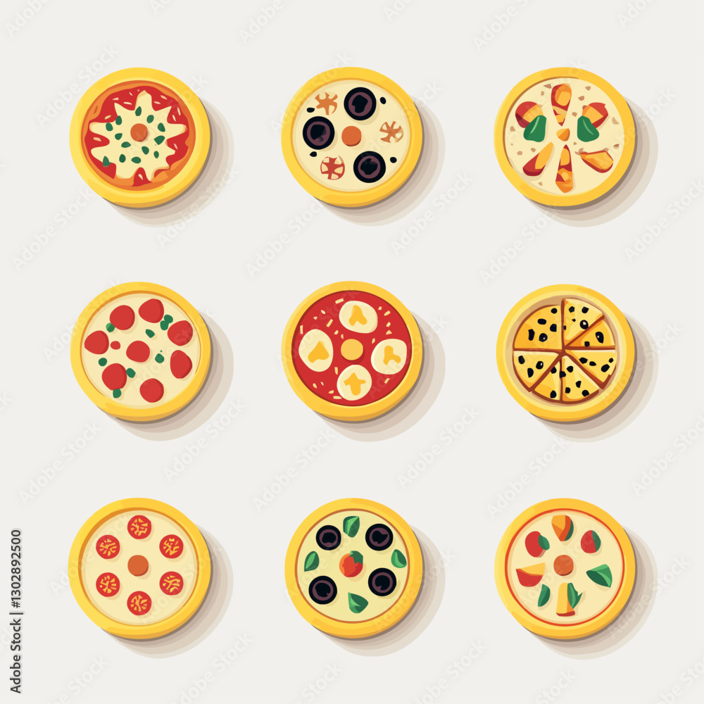 Assorted pizza varieties, multiple topping combinations, stylized design Assorted pizza varieties, multiple topping combinations, stylized design