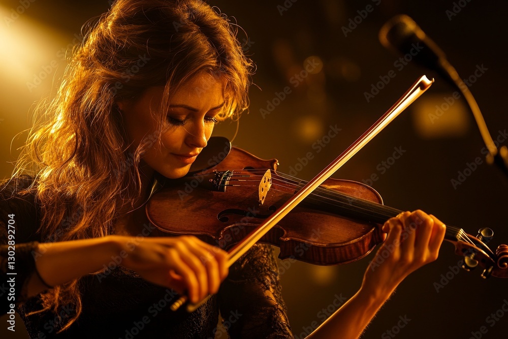 Fototapeta premium Young caucasian female violinist performing on stage with passionate emotion