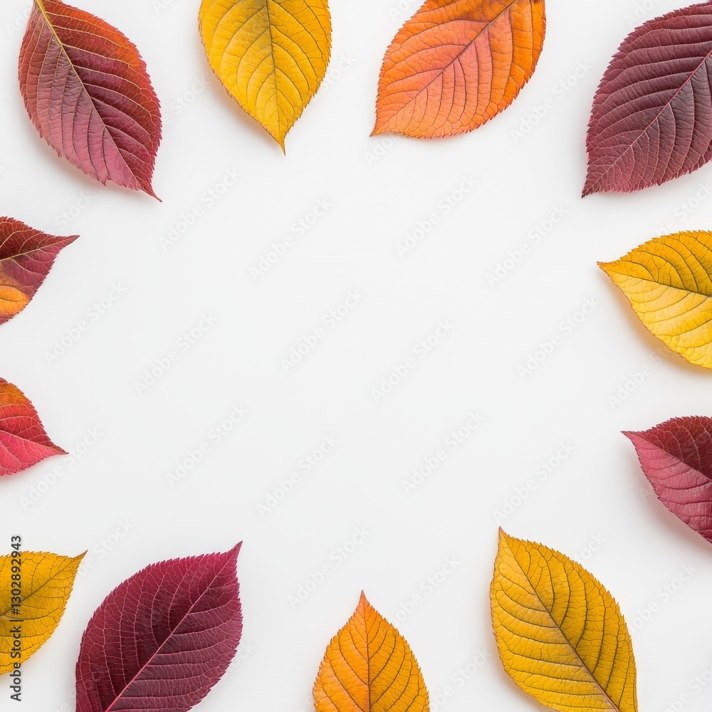 Fototapeta premium Autumn Leaves Arranged in Circular Frame on White Background