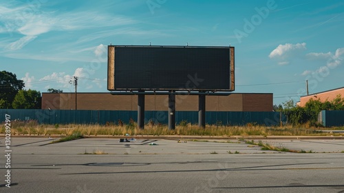 Abandoned Billboard in Urban Landscape with Overgrown Grass