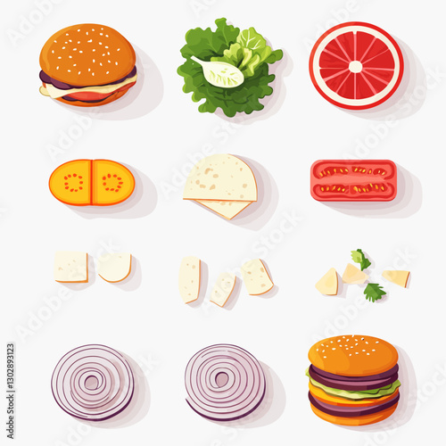 Burger Ingredient Preparation and Isolated Sliced Toppings on White