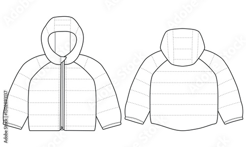 Baby Boys Girls puffer jacket Hoods vector Mockup Coat template design