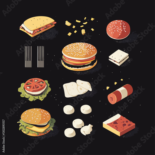 Isometric food ingredients including sandwich, pizza, burger, mushroom