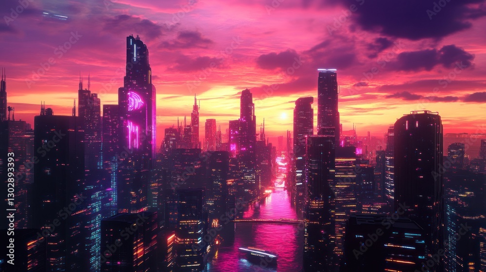 Fototapeta premium Neon Sunset Cityscape: A Futuristic Metropolis at Dusk