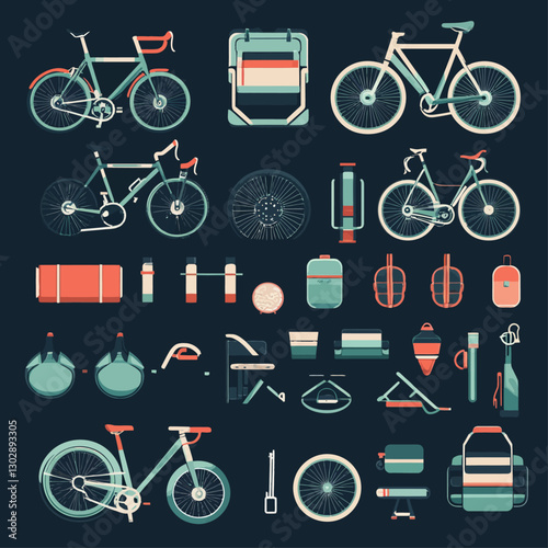 Bicycle spare parts and gear equipment on dark blue flat lay design