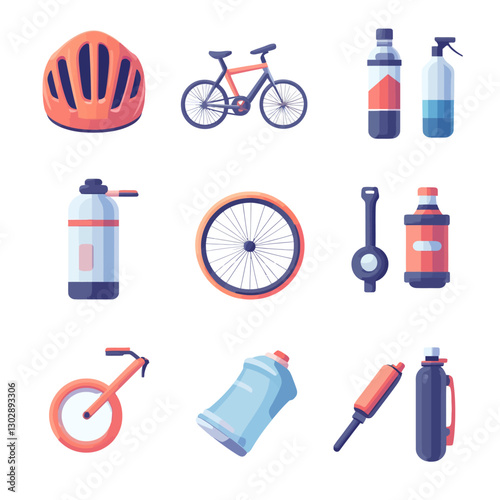 Bike Gear Icon Set: Helmet, Bicycle, Bottles, and Wheel Illustration