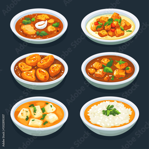 Assorted Indian curry dishes in bowls, featuring paneer and potato options