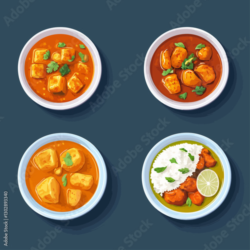 Assorted Indian Curries Bowls, Paneer Butter Masala and Chicken Tikka