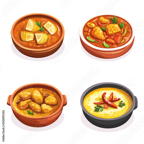 Four bowls of delicious and colorful Asian cuisine dishes, flat vector art