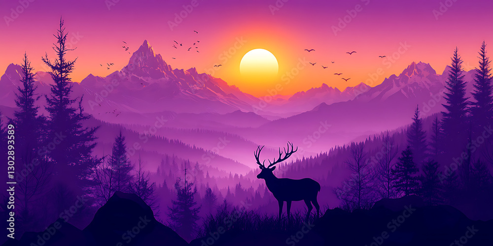 Fototapeta premium Futuristic 3D Synthwave Mountains with a Glowing Electric Sun in a Retro Neon Landscape