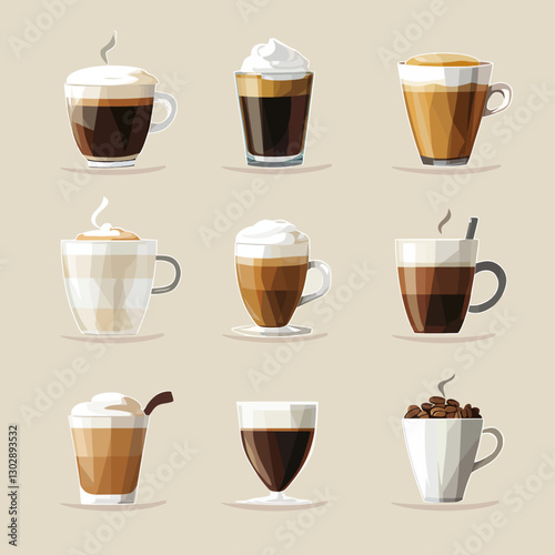 Assortment of Delicious Coffee Drinks with Cream and Coffee Beans Displayed