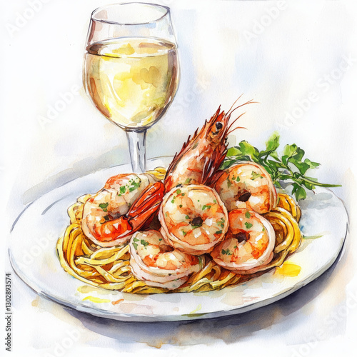 Delicious shrimp pasta with white wine, garnished with herbs