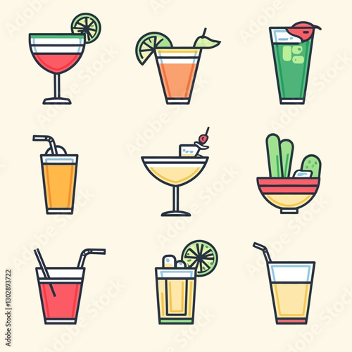 Colorful Cocktail Illustration Featuring Various Creative Drink Compositions