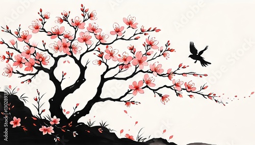 Minimalist watercolor painting of cherry blossoms with a flying bird