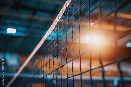 Indoor volleyball net close-up with blurred players in motion. Perfect for sports backgrounds, active lifestyle, team game concepts, or fitness and gym advertising.

