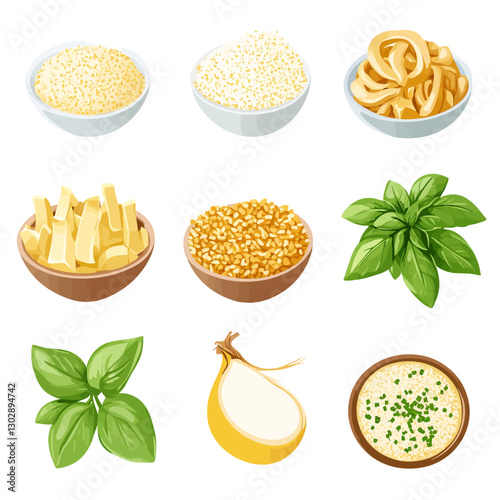 Food ingredients: Parmesan, mozzarella, pasta, fries, corn, basil