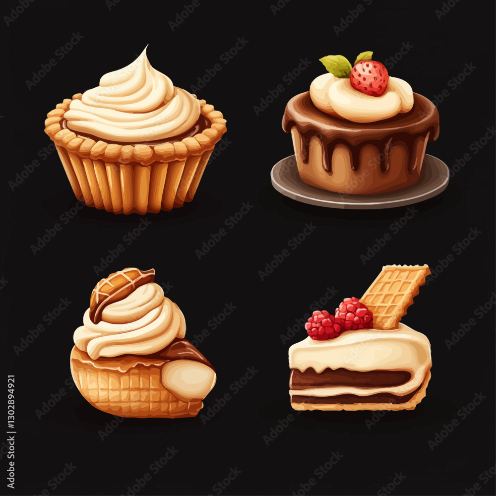 Assorted creamy cartoon cakes with berries and chocolate for dessert Assorted creamy cartoon cakes with berries and chocolate for dessert