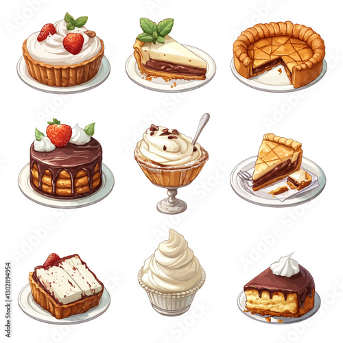 Assortment of delicious sweet desserts like pie, cake, and cupcakes.