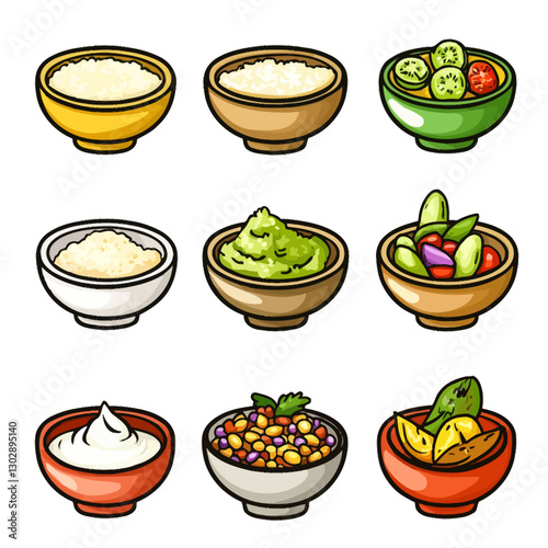 Variety of food bowls, including salads, dips, and grains on white