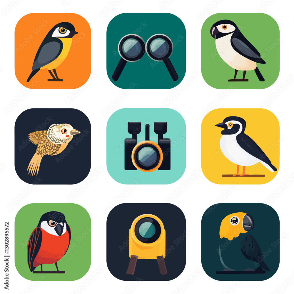 Obraz premium Birdwatching Tools and Bird Species in Flat Vector Icons Collection
