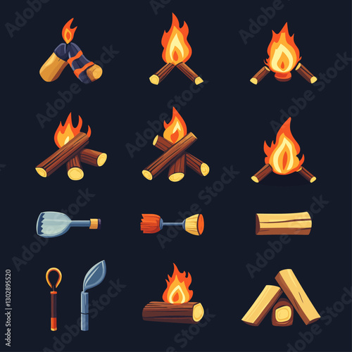 Cartoon Bonfire Set with Logs and Fire Starters on Dark Background