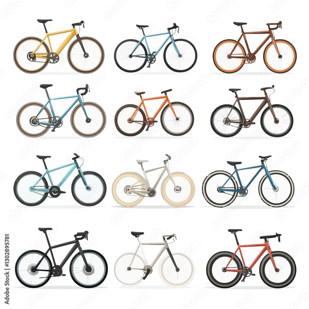 Twelve Stylish Bicycles Illustration in Various Colors on White Background Twelve Stylish Bicycles Illustration in Various Colors on White Background