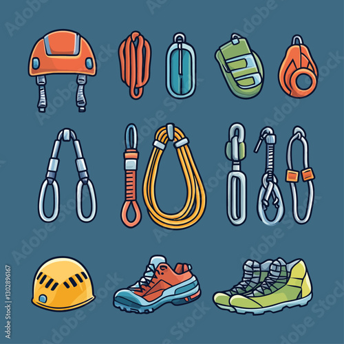 Climbing gear illustration of helmet, ropes, carabiners, and hiking boots