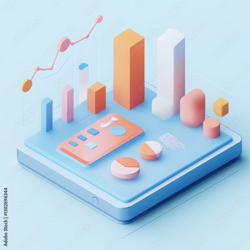 3D isometric icons, script, and bar graph on a phone with a blue and pastel-colored background 3D isometric icons, script, and bar graph on a phone with a blue and pastel-colored background