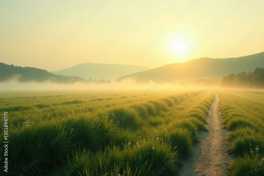 Fototapeta premium Serene Sunrise Meadow Path A Misty Morning Landscape with Golden Light and Lush Vegetation