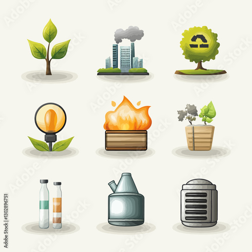 Environmental Sustainability Icons Representing Ecology and Pollution Issues