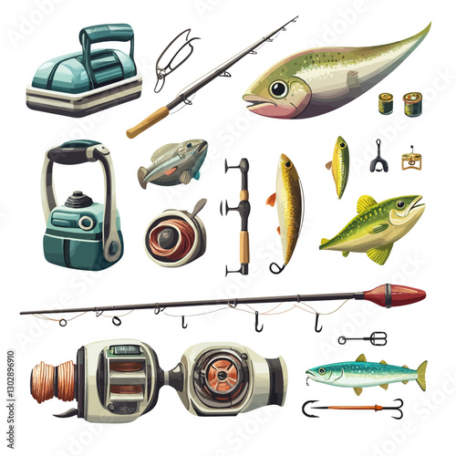 Fishing Gear Assortment: Rods, Reels, Lures, Tackles, and Fish Icons