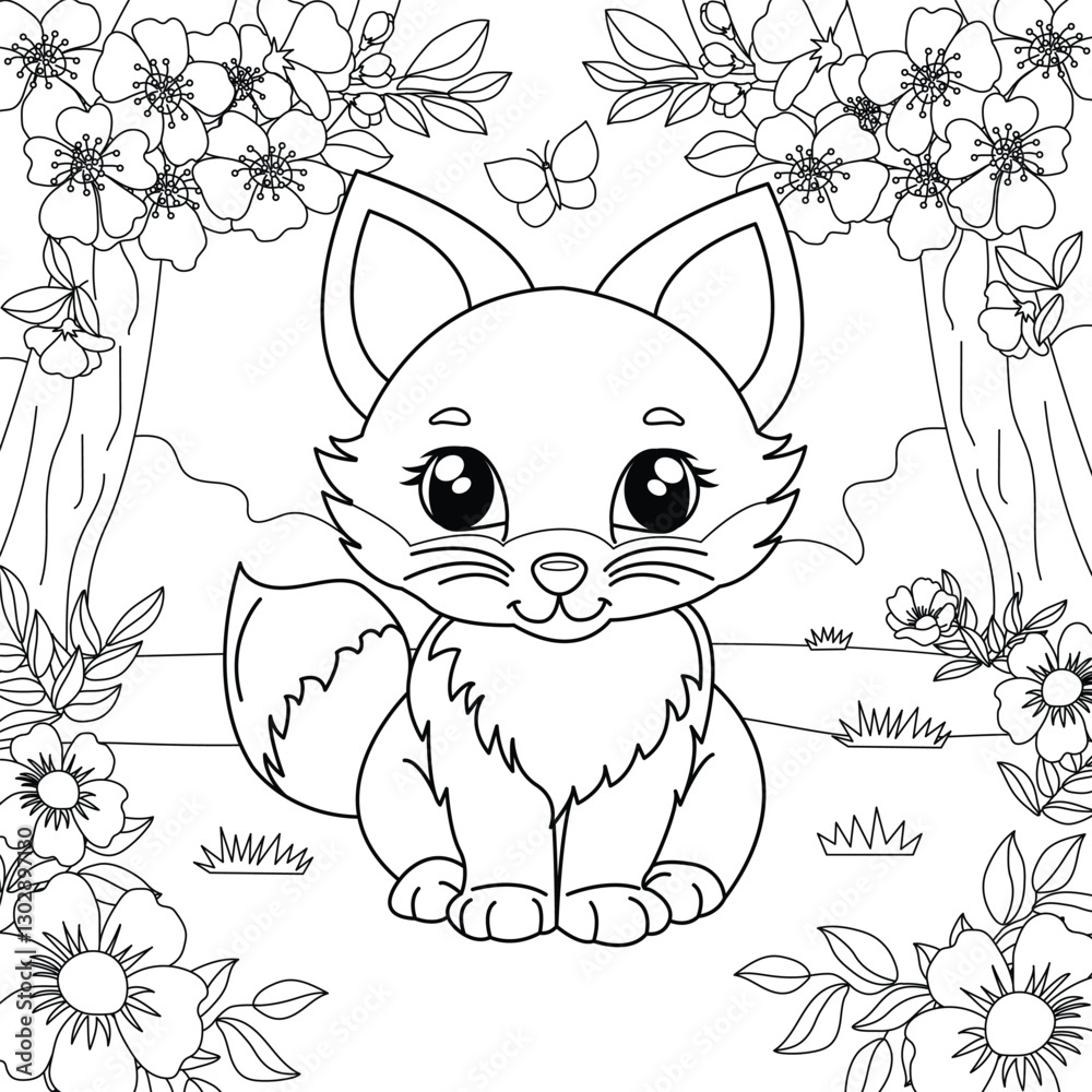 Obraz premium Fox on the background of flowers and sakura blossoms. Coloring for children's development. Vector illustration.