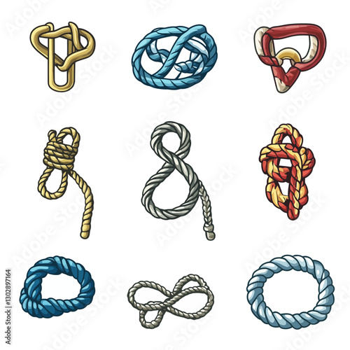 Illustrated Nautical Knots and Ropework Designs on White Background