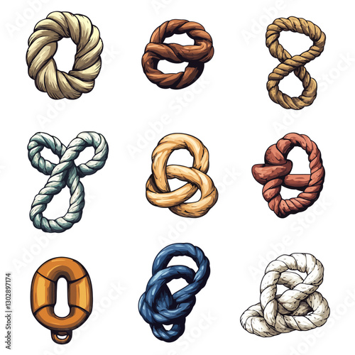 Nautical Rope Knots Assortment on White Background, Decorative Marine Elements